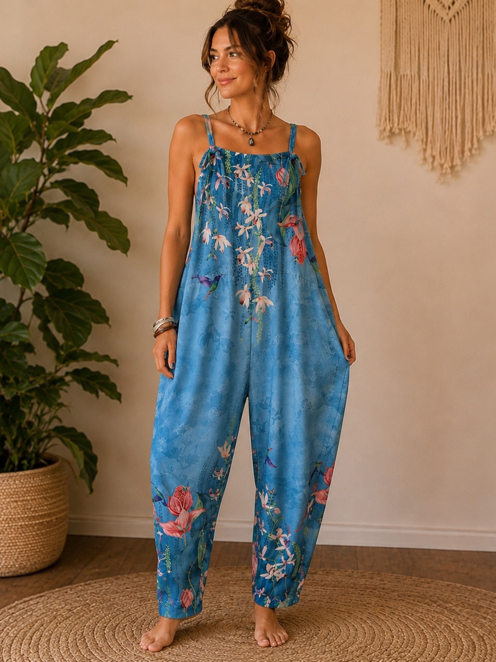 Tropical Hummingbird Floral Oversized Boho Jumpsuit Romper XL
